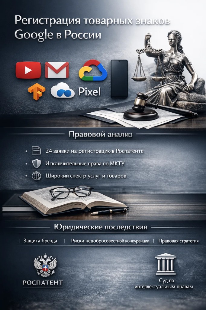 Инфографика: регистрация товарных знаков Google в России — логотипы YouTube, Gmail, Google Cloud, TensorFlow, Pixel; правовой анализ и юридические последствия; символы Роспатента и СИП